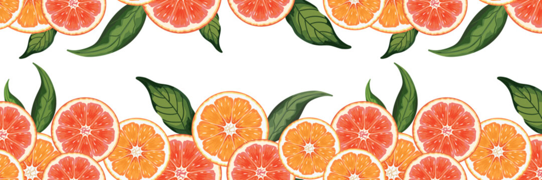 citrus seamless border frame orange and grapefruit slices green leaves white background summer design banner decor
