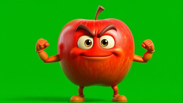 3D render of a determined red apple character with a fierce face