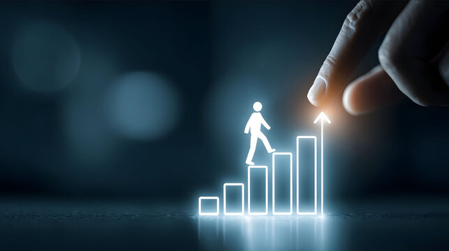 A minimalist conceptual image showing a human hand pointing upward at the top of a glowing staircaseshaped graph A small white human icon is walking up the steps sy