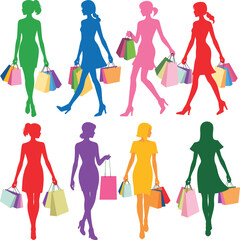 Colorful women shopping silhouettes walking with bags, fashionable female shoppers, retail lifestyle concept, modern flat vector illustration set, design, collection