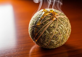 Close up of a steaming herbal compress ball prepared for a luxury warm oil massage treatment on a polished wooden surface, warmth, preparation, holistic