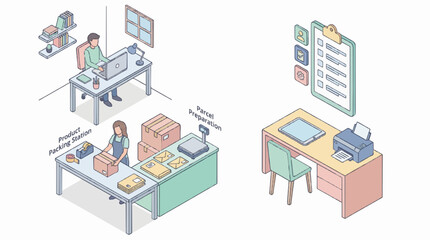 Obraz premium small home business workflow system, home workspace with generic laptop without logo, product packing station, order checklist without text, parcel preparation process