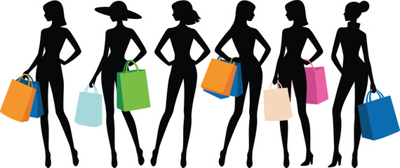 Obraz premium Fashionable women silhouettes shopping, stylish female figures holding colorful bags, retail lifestyle concept, modern vector illustration, isolated white background, design