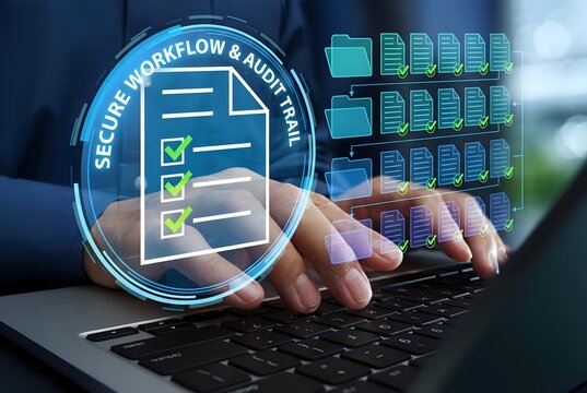 Business professional using laptop with holographic secure workflow and audit trail interface displaying digital file management system for cybersecurity compliance.