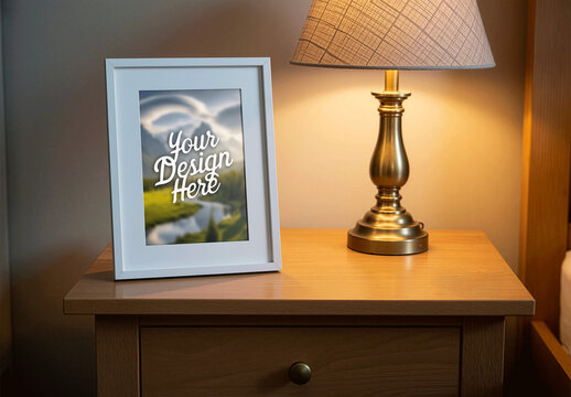 Picture Frame On A Bedside Table Mockup