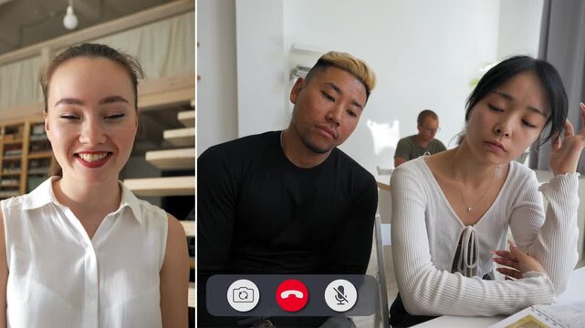 Two students connect on an online call, sharing smiles and moments of contemplation. Their varied emotions reveal the ups and downs of learning together.
