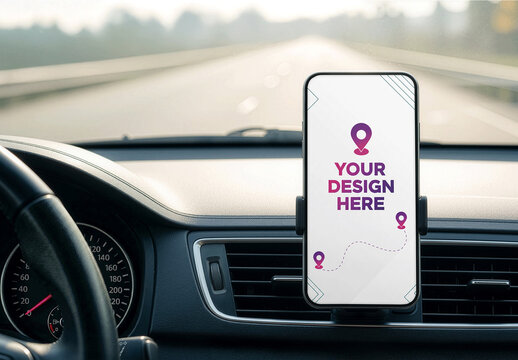 Smartphone Mockup Mounted On A Car Dashboard Holder
