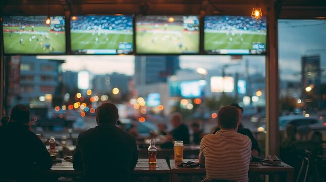 Friends watching sports on multiple tvs in a dimly lit bar or restaurant with city lights bokeh outside