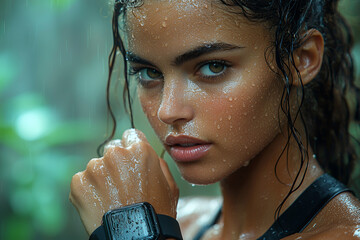 Wet Latin American athlete wearing smartwatch in rain. Latino with smart device on wrist. Athletic woman looking at camera. Sports equipment. Wearable tech. Fitness tracking, sport, health technology.