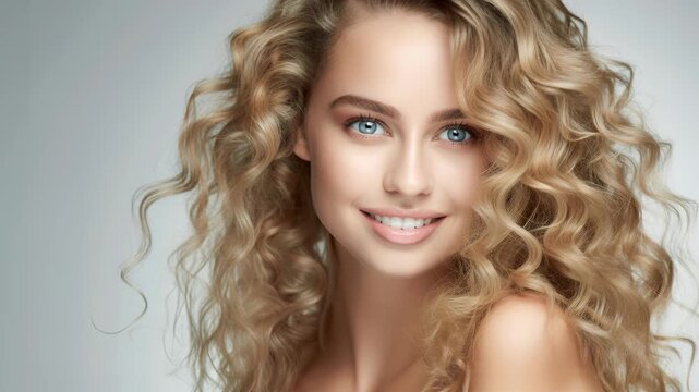 Young woman with clean skin, beautiful teeth and healthy hair. Cosmetics, make up, skincare. Natural beauty footage. 