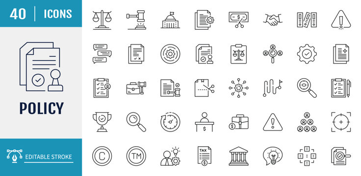 Policy icon set. Includes policy, law, legal, and more. Outline icon set. Vector illustration with editable stroke