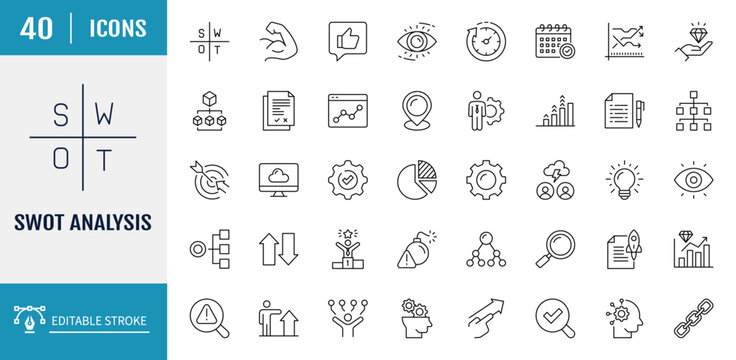 SWOT analysis icon set. SWOT meaning strengths, weaknesses, opportunities, and threats. Containing advantage, strategy, project, and more. Outline icon set. Vector illustration with editable stroke