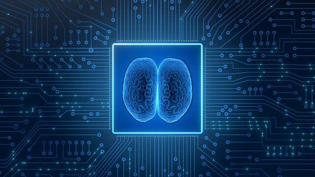 Hologram of a brain connected Hologram of a brain connected to a computer processor on a circuit board with circuit traces, digital scientific experiment. Measure brain activity and brain waves.