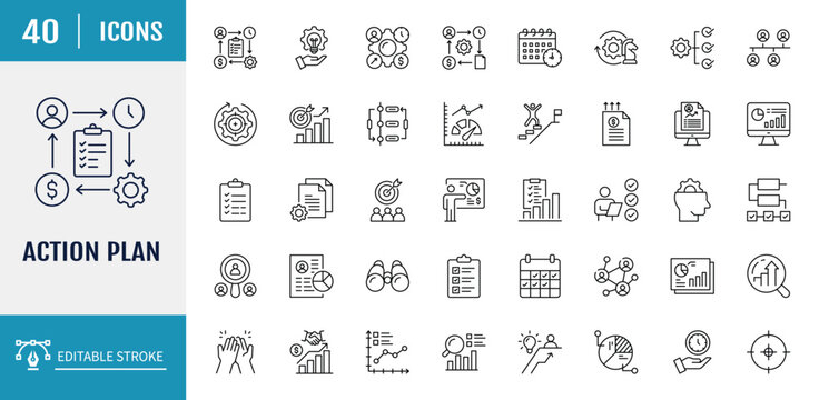 Action plan icon set. Includes Business, strategy, startup, steps, target and more. Outline icon set. Vector illustration with editable stroke
