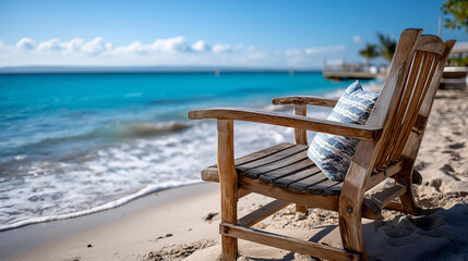 Fototapeta premium Wooden beach chair resting on soft sandy shores, defocused inviting relaxation, gentle ocean waves lapping, bright blue sky, tranquility embodiment, with copy space
