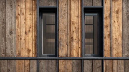 Simple wooden building facade with windows at a modern structure in a city during daylight