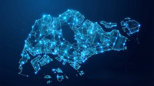 Singapore Map Digital Wireframe with Glowing Network Nodes