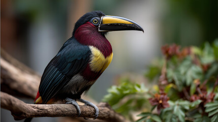 Fototapeta premium Close-up colorful toucan perched on branch, defocused vibrant plumage displaying, nature's wildlife beauty and diversity highlighting, serene artistic representation, with copy