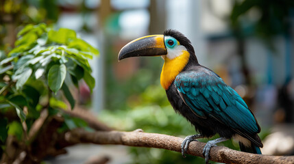 Fototapeta premium Close-up colorful toucan perched on branch, defocused vibrant plumage displaying, nature's wildlife beauty and diversity highlighting, serene artistic representation, with copy