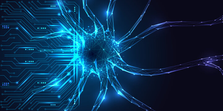 Digital neuron cell glowing in cyberspace, artificial intelligence and brain network concept vector 