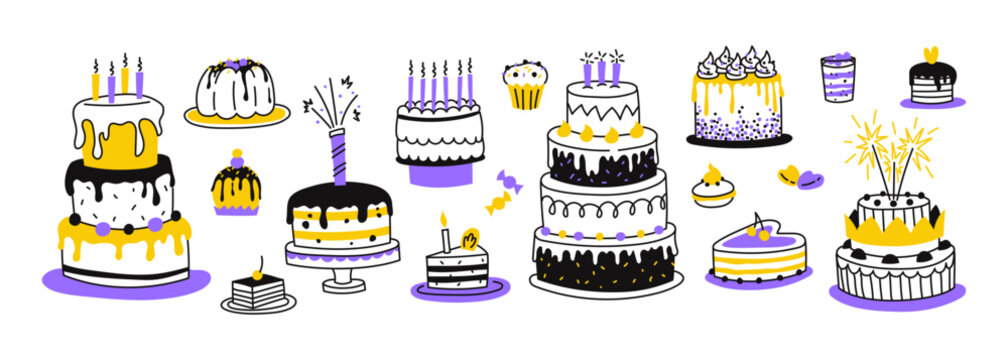 Doodle set of various sweets, cakes, and pastries. Delicious dessert. Food. Vector color line illustration