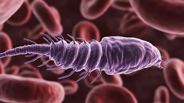 Close up video of segmented worm like microorganism swimming through blood cells.