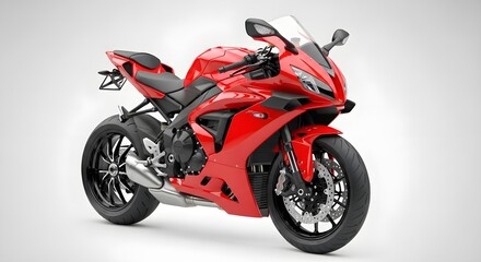Obraz premium Red sport motorcycle with black wheels and chrome exhaust, high performance racing bike, isolated on white