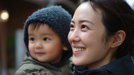 Mother and Son in Warm Winter Clothing Outdoors / 冬服を着て屋外で過ごす母親と息子