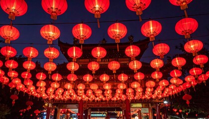 Illuminated Red Lanterns Decorating a Chinese Temple at Night.