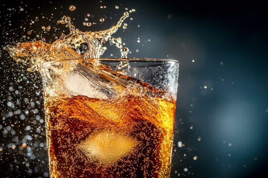 Soft drink overflows from glass with splash in dramatic lighting setting at a bar during evening hours