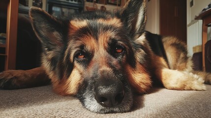 Relaxing German Shepherd Dog Lying on the Floor / 床でリラックスして横たわるジャーマンシェパード