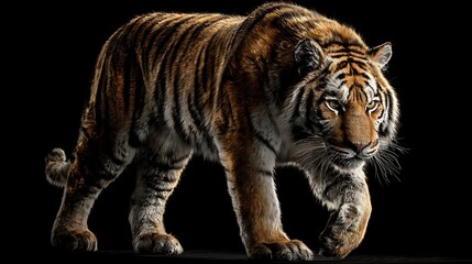 Powerful Tiger Walking on Black Background / 黒背景に浮かび上がる力強く歩くトラ