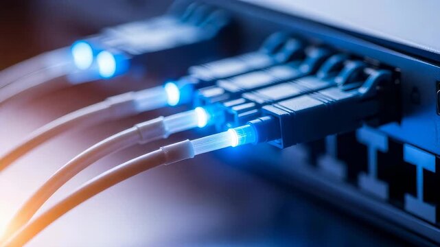 Fiber optic cables emitting blue light in network switch, showing data center connectivity