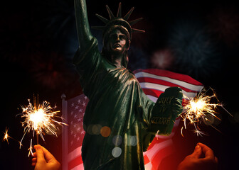 Statue of Liberty and people with burning sparklers against flag of USA. Greeting card or poster design for national American holiday © New Africa