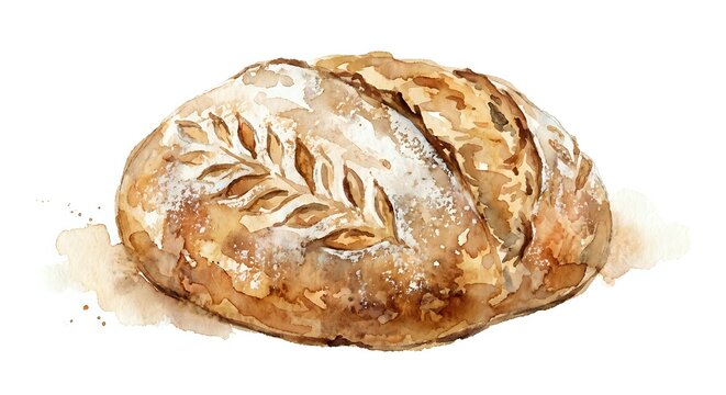 Watercolor artisan bread loaf with decorative wheat pattern scoring on golden brown crust, rustic bakery style painting for culinary designs and food packaging.