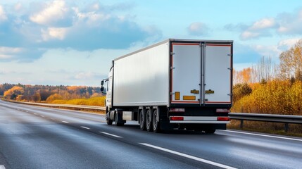Fototapeta premium Refrigerated truck on highway transporting perishables with open space in background for text