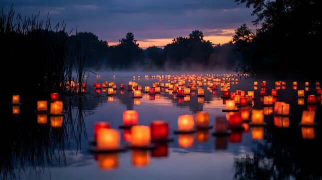 Hundreds of glowing paper lanterns floating on calm water at twilight creating magical atmosphere for festivals and celebrations.