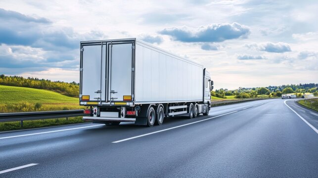 Refrigerated truck driving on highway transporting fresh produce with clear sky and open space for communication