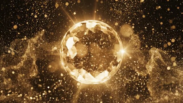A central, multifaceted golden crystal orb radiates light, encircled by ethereal golden energy streams and numerous sparkling, floating bokeh orbs against a black backdrop.