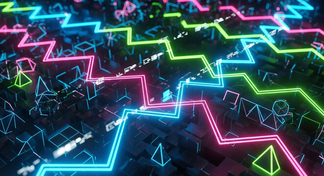 Neon Geometric Shapes in Futuristic Style with Vibrant Color and Dark Lighting on Abstract Background for Technology