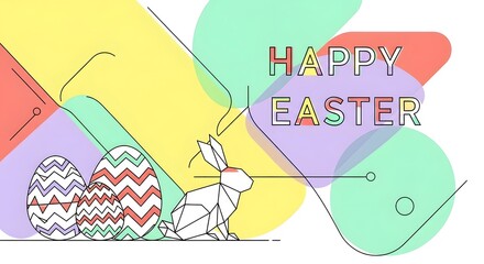 Happy Easter geometric banner with bunny and decorated eggs on a vibrant abstract background.