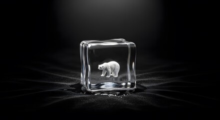 A polar bear trapped inside a melting ice cube on a dark surface.