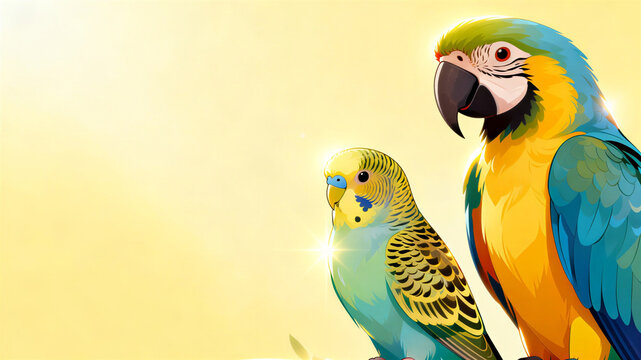 blue and yellow macaw ara ararauna parrot and budgerigar on a light animal background, great for pet store card, advert, advertisement, print, horizontal banner, free space for text, space for copy