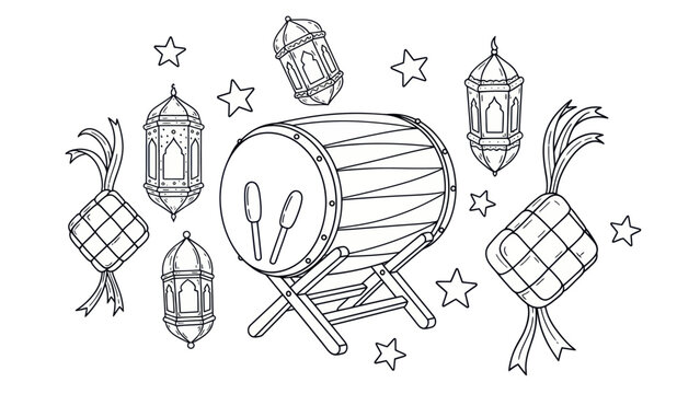 Ramadan Kareem celebration with traditional drum, lanterns, and ketupat.