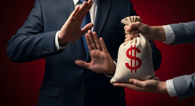 Businessman refusing money bag with hand gesture symbolizing anti-corruption and ethical integrity