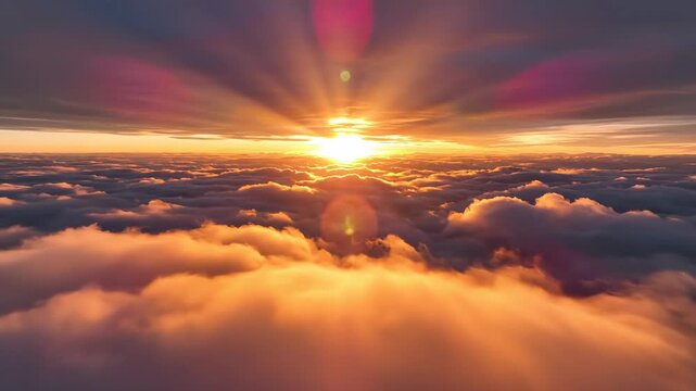 Aerial view of the sun breaking through a dramatic sky filled with golden clouds during sunrise, creating vibrant sunbeams.