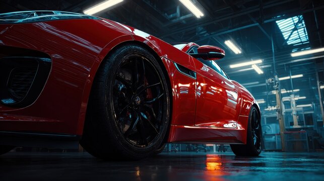 Red sports car parked in a garage with bright lights and industrial layout during evening hours