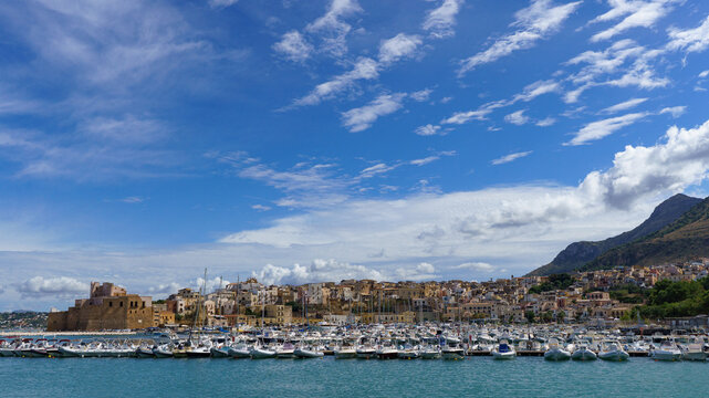 Picturesque View of Castellammare del Golfo Town and Castello Arabo Normanno from the Harbor Marina