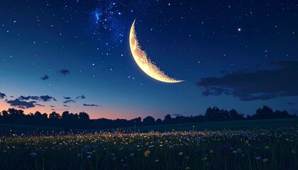 Serene Night Landscape with Crescent Moon and Starry Sky.