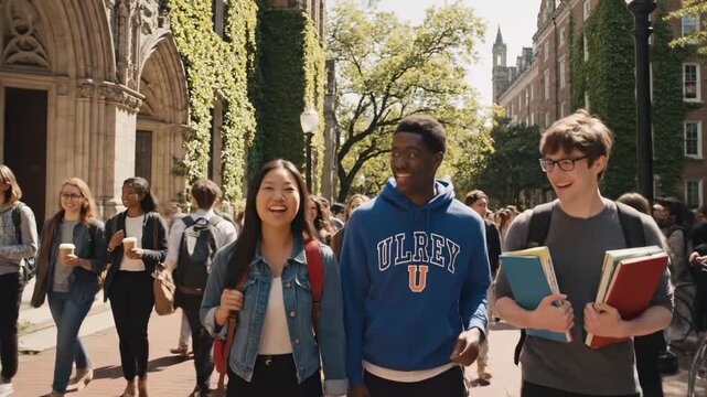 Students walking together on college campus with group of friends enjoying campus life and academic environment together socially.